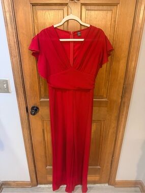 SHEIN Red V‑Neck Jumpsuit with Flutter Sleeves
